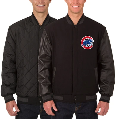 Men's JH Design Black Chicago Cubs Wool Leather Reversible Full-Snap Jacket