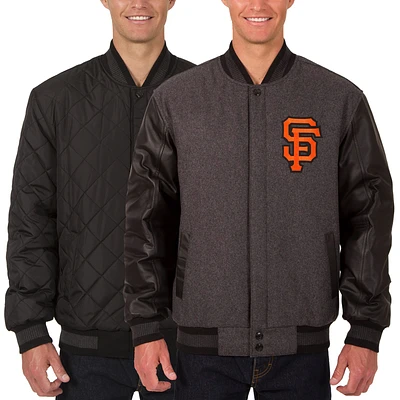 Men's JH Design Charcoal/Black San Francisco Giants Wool Leather Reversible Full-Snap Jacket