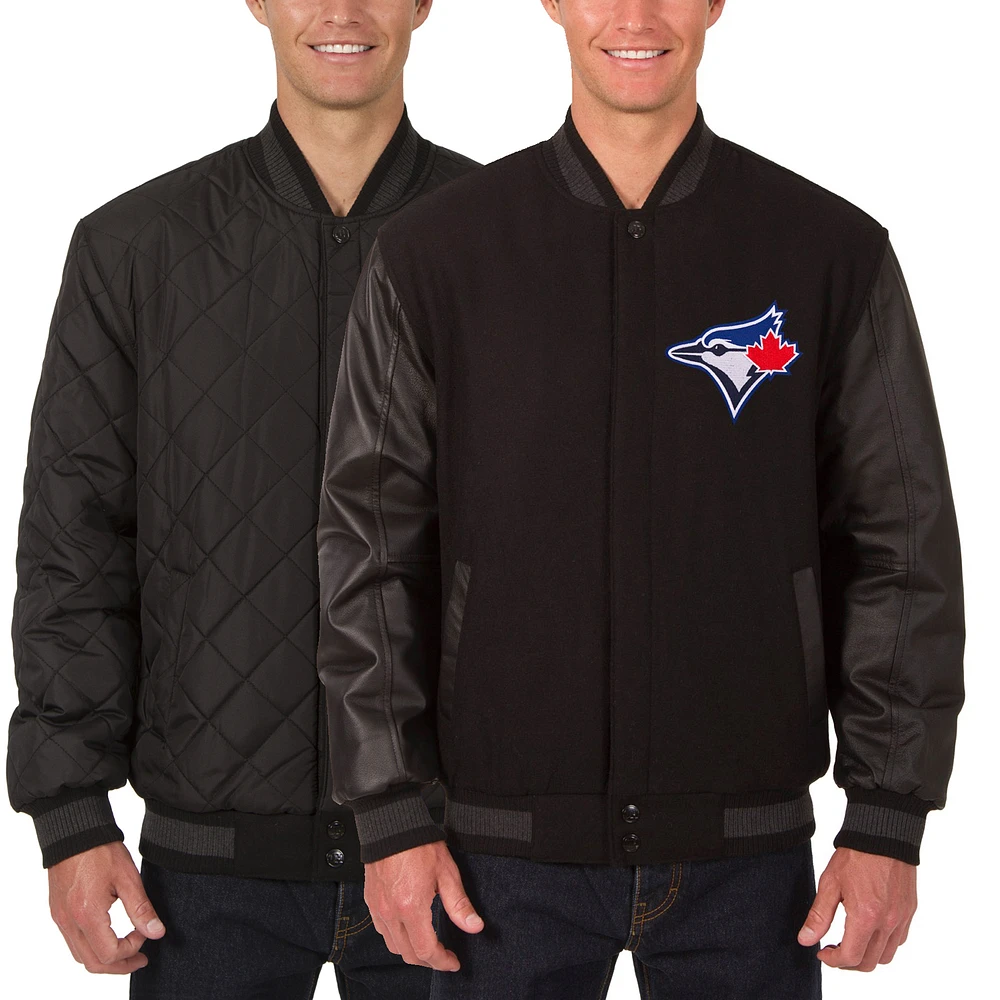 Men's JH Design Black Toronto Blue Jays Wool Leather Reversible Full-Snap Jacket