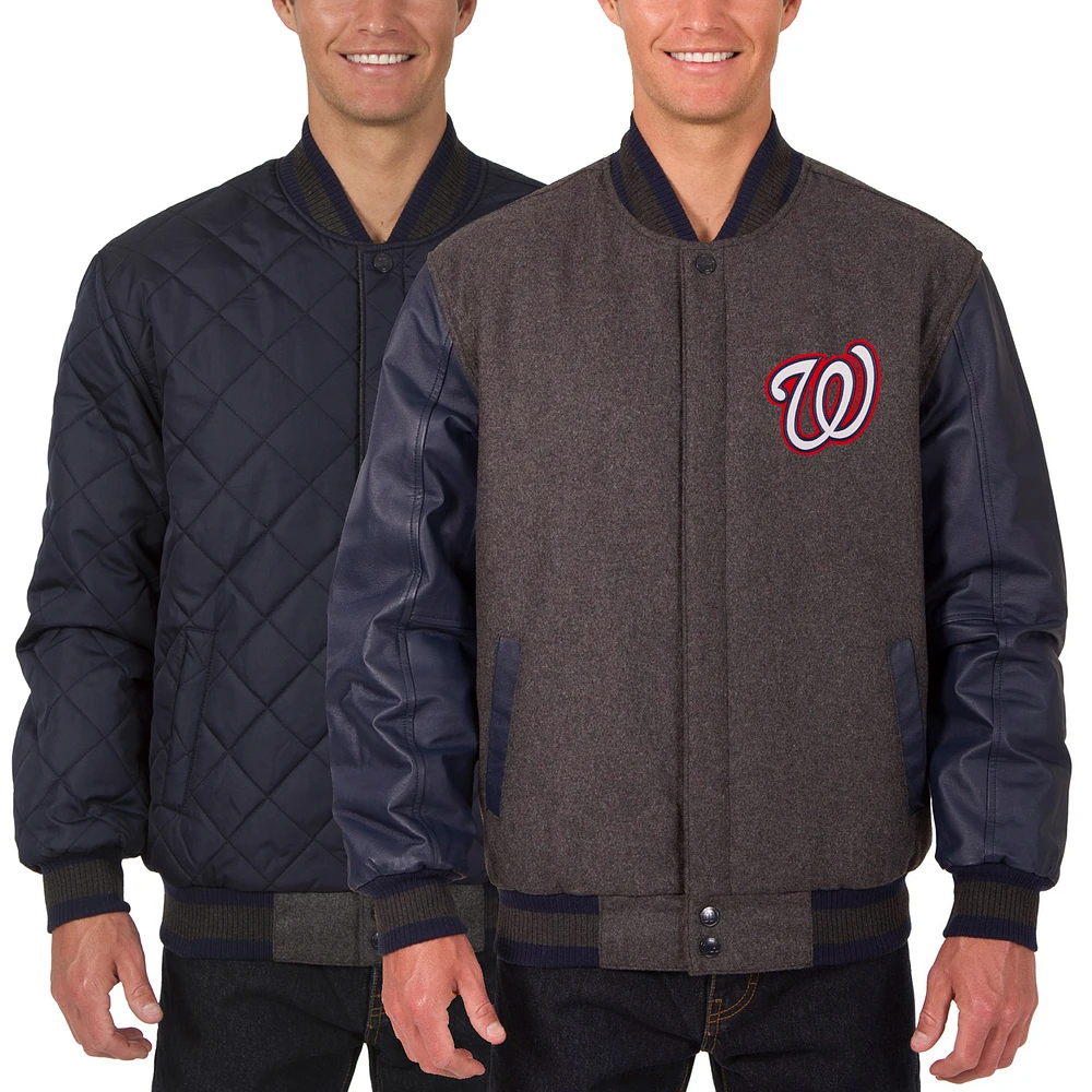 Men's JH Design Charcoal/Navy Washington Nationals Wool Leather Reversible Full-Snap Jacket