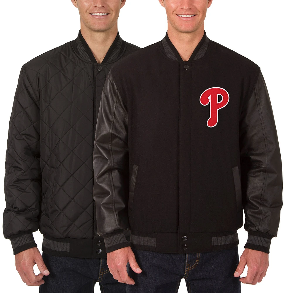 Men's JH Design Charcoal/Black Philadelphia Phillies Wool Leather Reversible Full-Snap Jacket