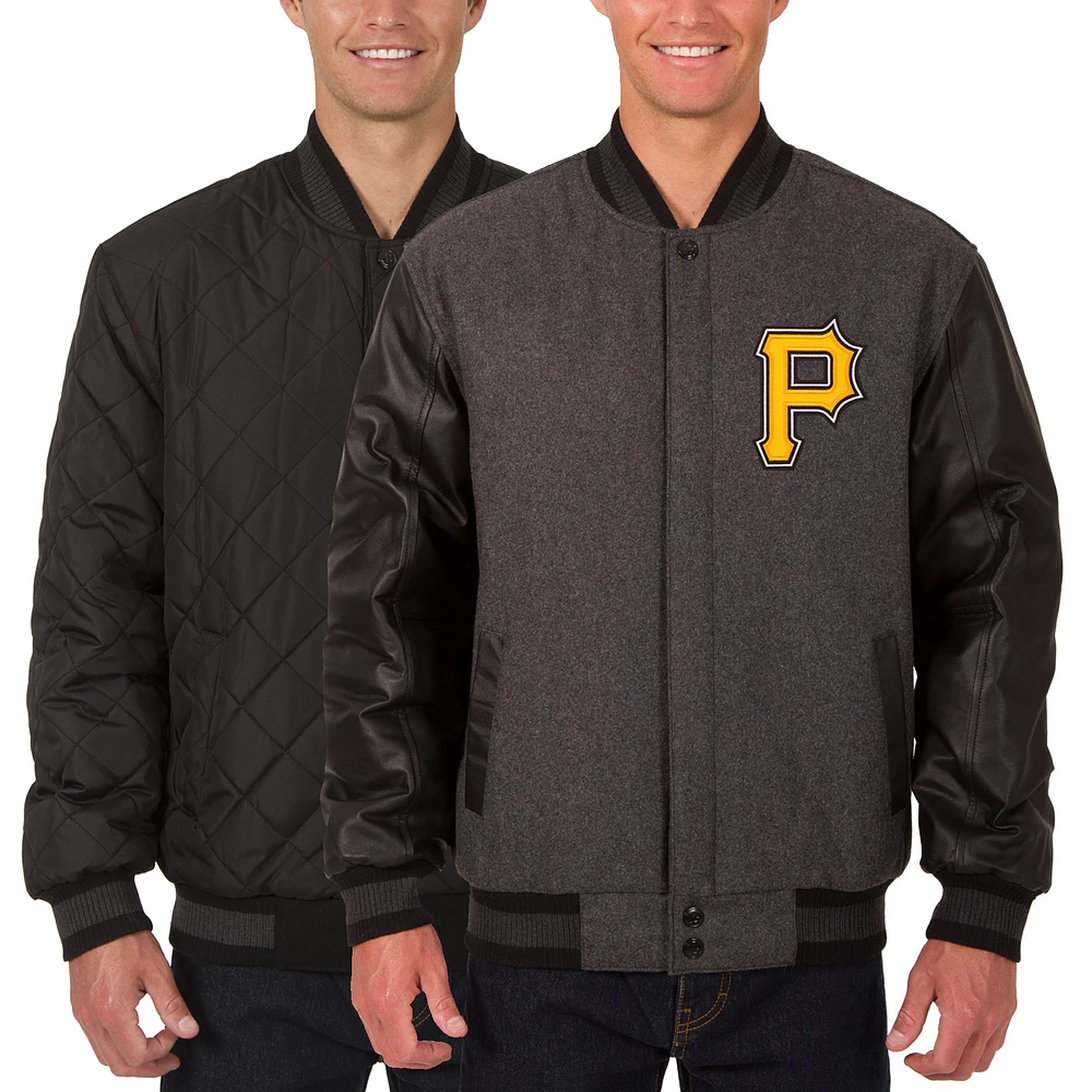 Men's JH Design Charcoal/Black Pittsburgh Pirates Wool Leather Reversible Full-Snap Jacket