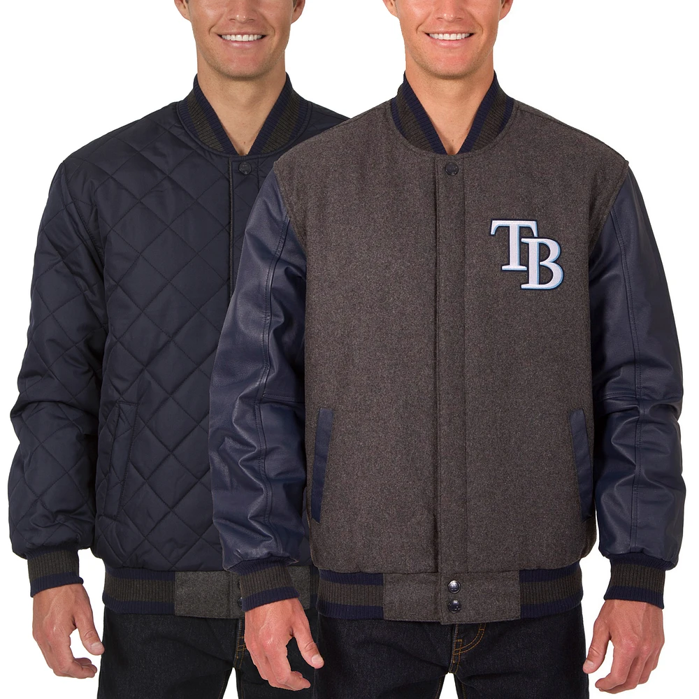 Men's JH Design Charcoal/Navy Tampa Bay Rays Wool Leather Reversible Full-Snap Jacket