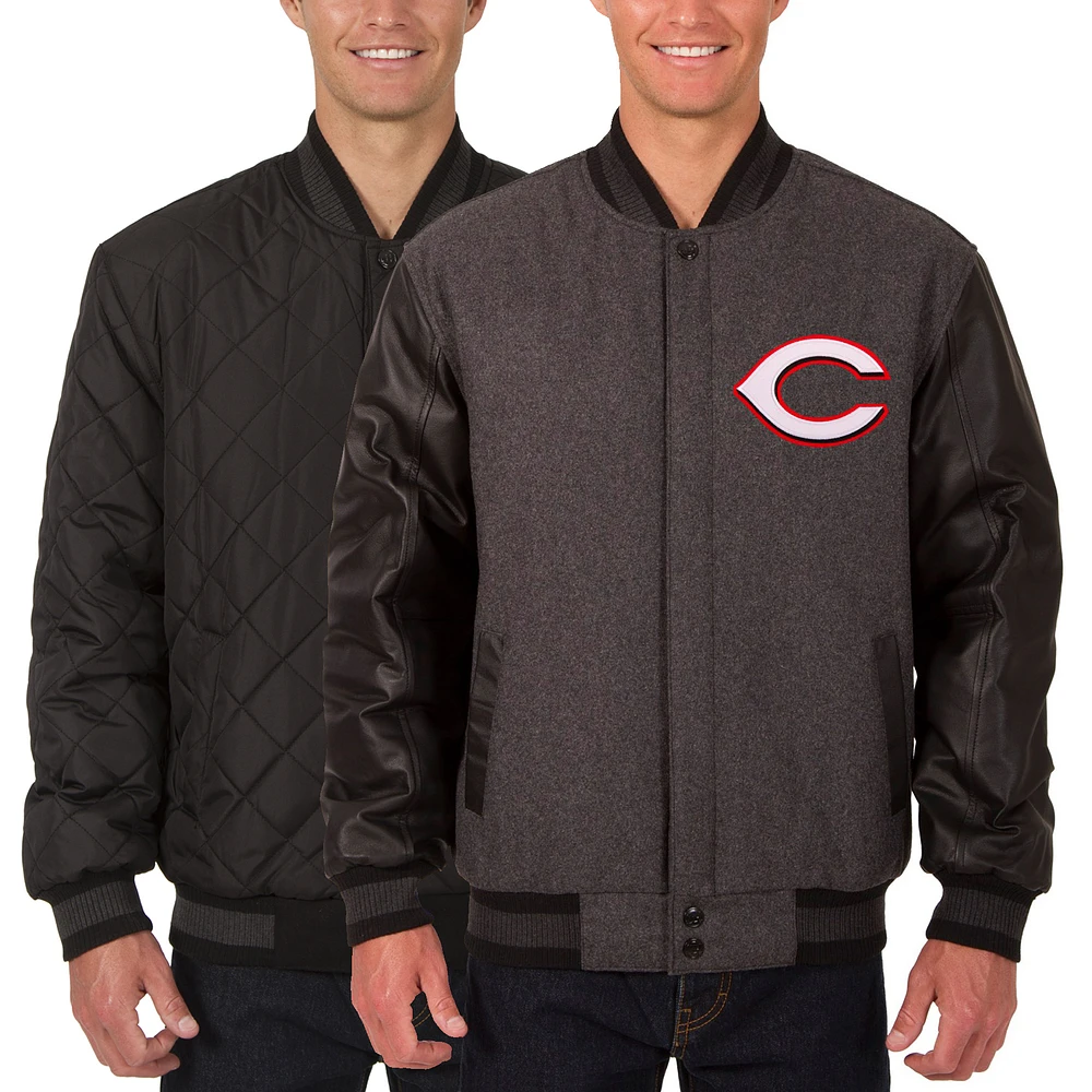 Men's JH Design Charcoal/Black Cincinnati Reds Wool Leather Reversible Full-Snap Jacket