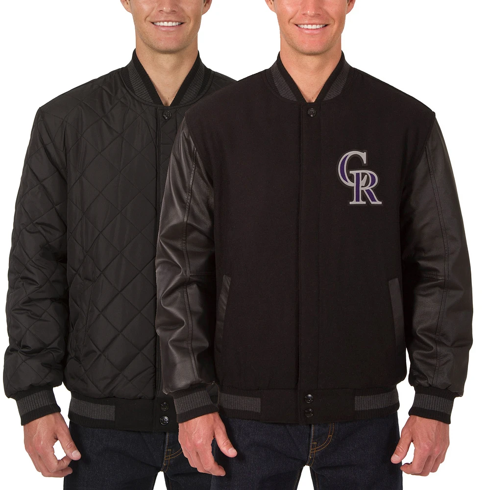 Men's JH Design Black Colorado Rockies Wool Leather Reversible Full-Snap Jacket