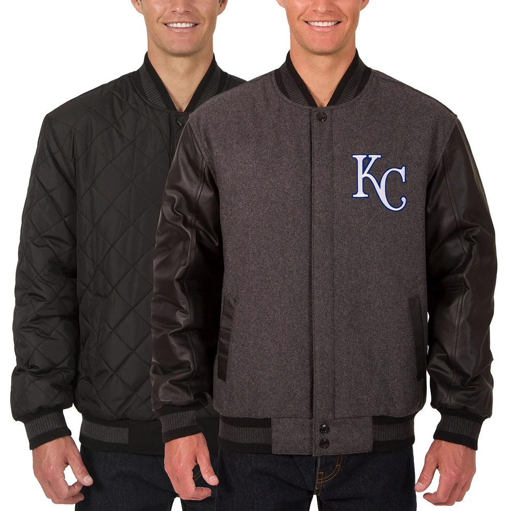 Men's JH Design Charcoal/Black Kansas City Royals Wool Leather Reversible Full-Snap Jacket