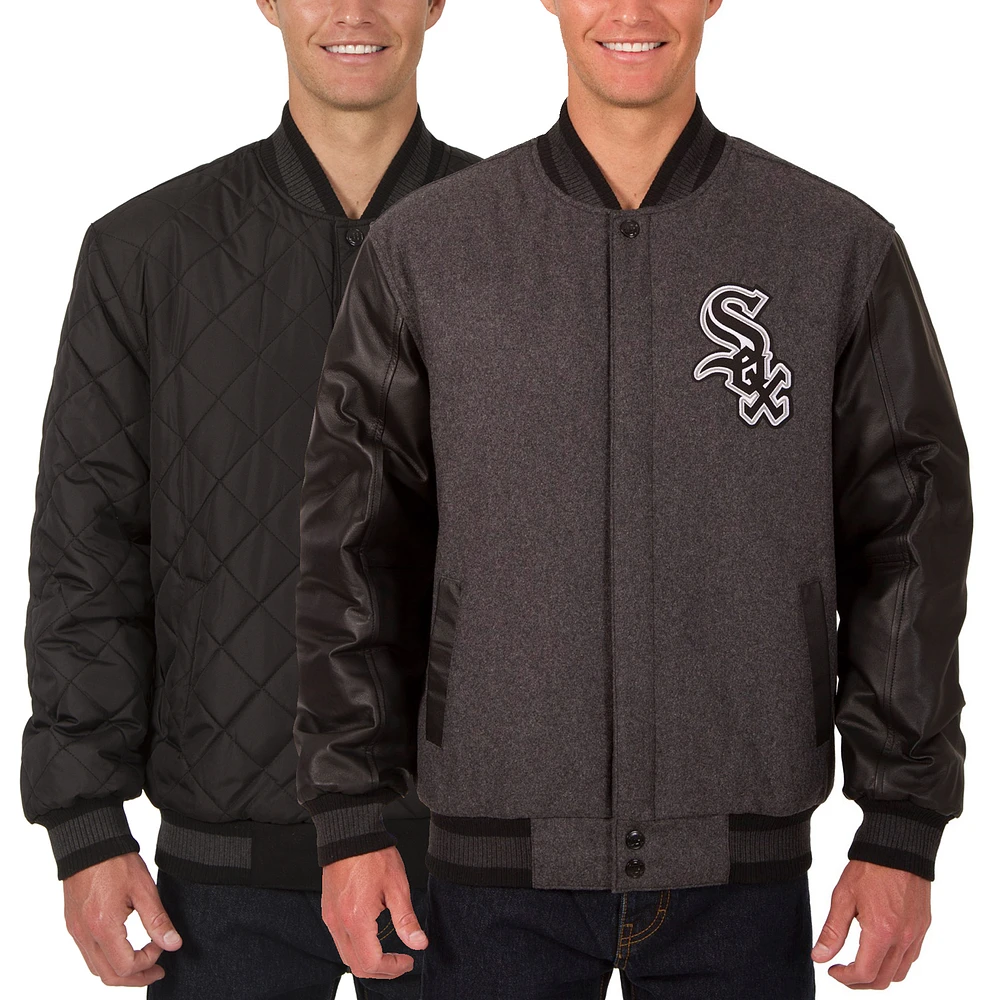 Men's JH Design Charcoal/Black Chicago White Sox Wool Leather Reversible Full-Snap Jacket