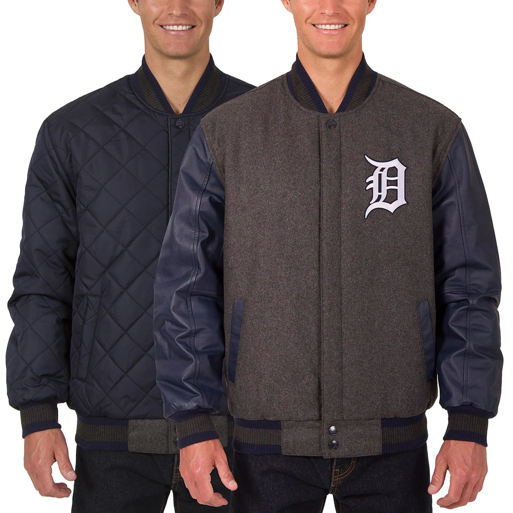 Men's JH Design Charcoal/Navy Detroit Tigers Wool Leather Reversible Full-Snap Jacket