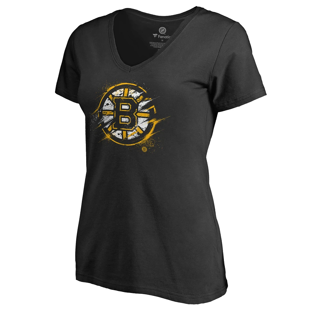 Women's Black Boston Bruins Splatter Logo V-Neck T-Shirt
