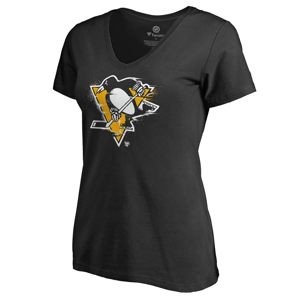 Women's Black Pittsburgh Penguins Splatter Logo V-Neck T-Shirt