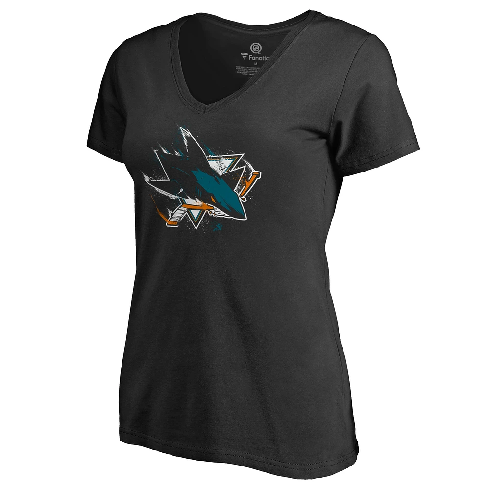 Women's Black San Jose Sharks Splatter Logo V-Neck T-Shirt