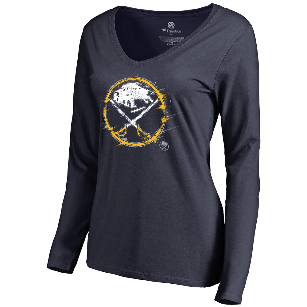 Women's Navy Buffalo Sabres Splatter Logo V-Neck Long Sleeve T-Shirt