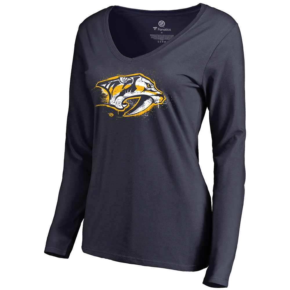 Women's Navy Nashville Predators Splatter Logo V-Neck Long Sleeve T-Shirt