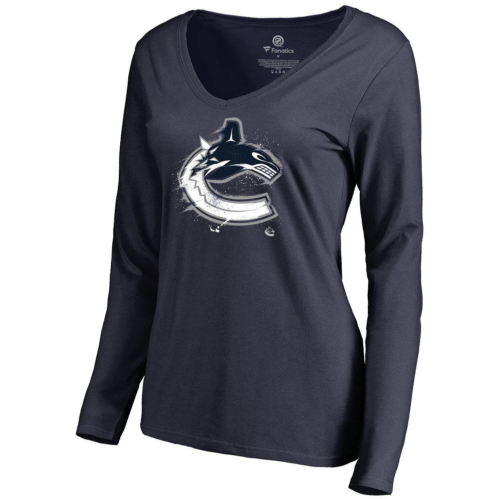 Women's Navy Vancouver Canucks Splatter Logo V-Neck Long Sleeve T-Shirt