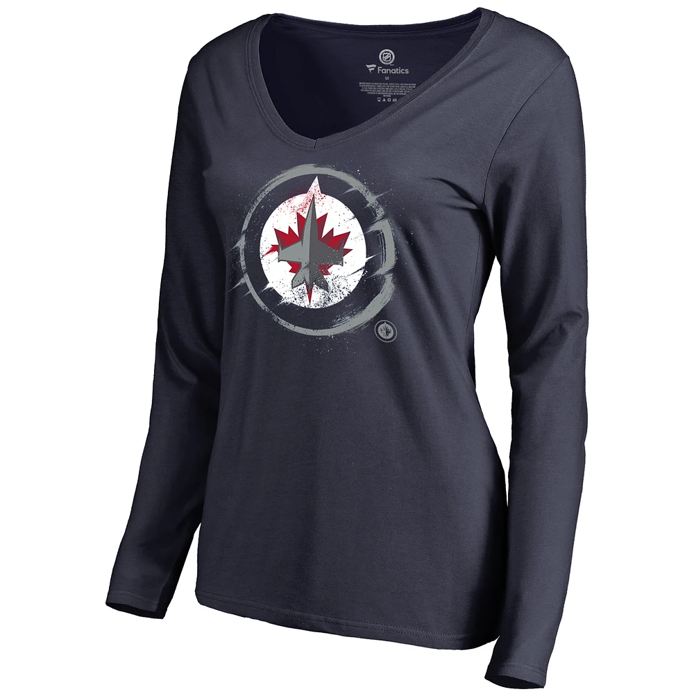 Women's Navy Winnipeg Jets Splatter Logo V-Neck Long Sleeve T-Shirt