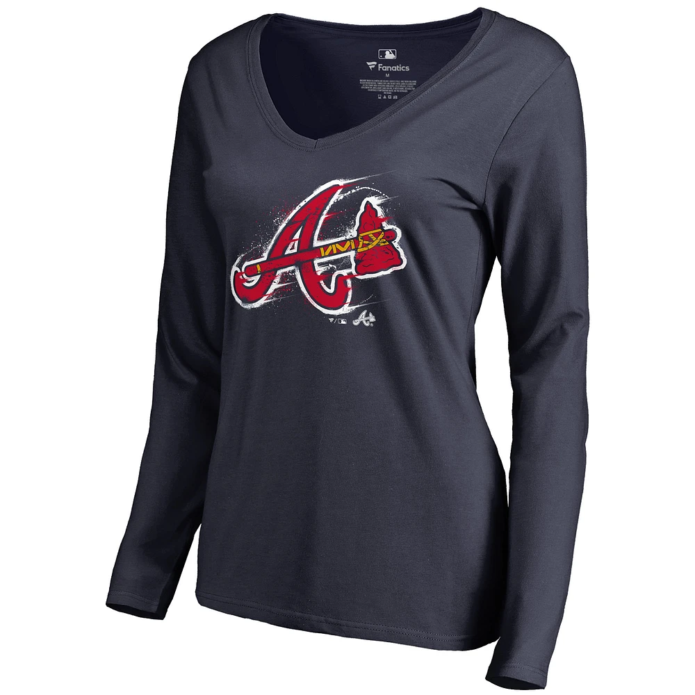 Women's Navy Atlanta Braves Splatter Logo Long Sleeve V-Neck T-Shirt