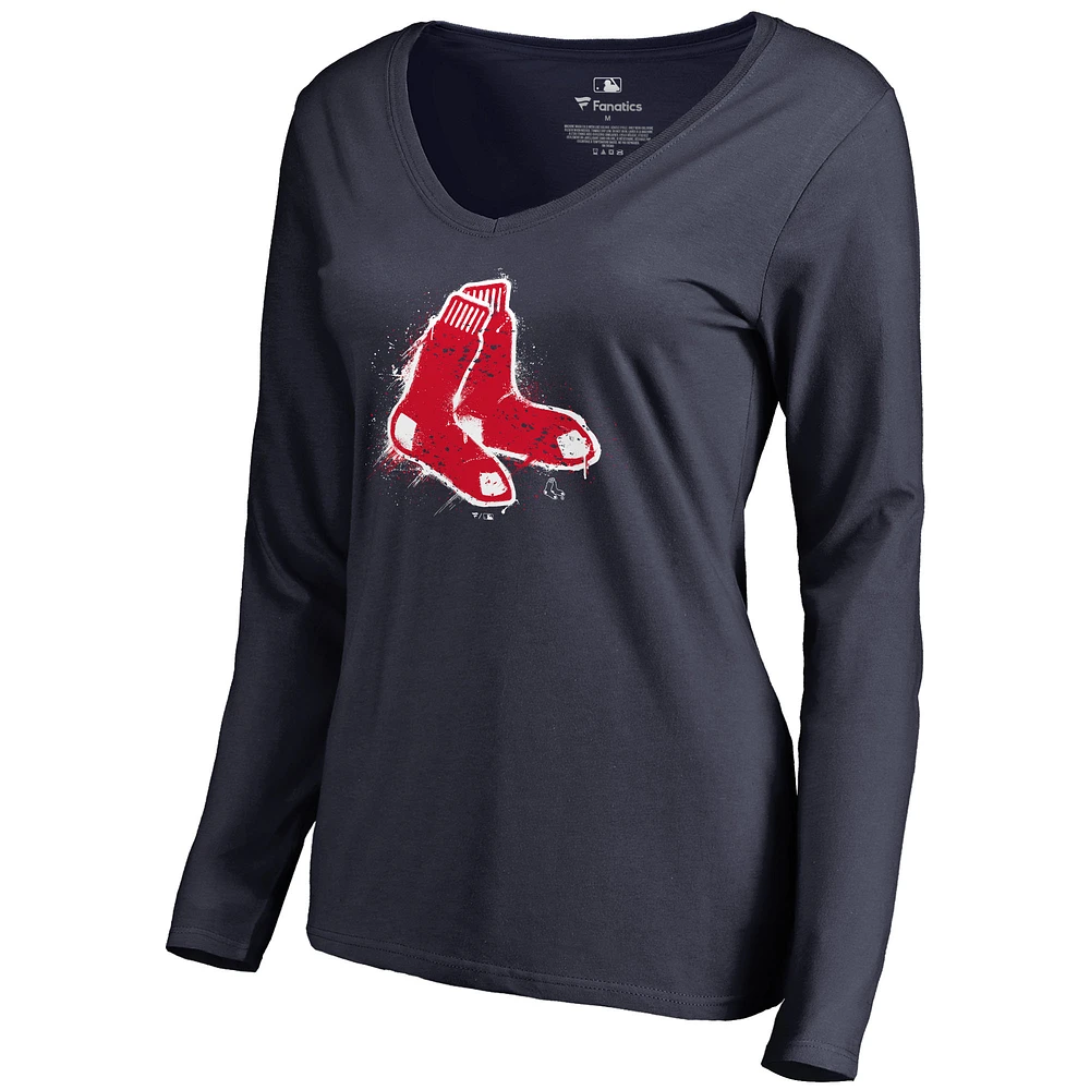 Women's Navy Boston Red Sox Splatter Logo Long Sleeve V-Neck T-Shirt