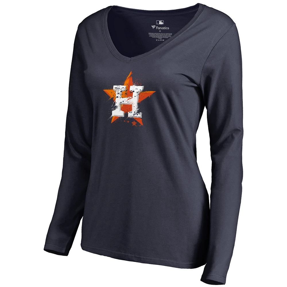Women's Navy Houston Astros Splatter Logo Long Sleeve V-Neck T-Shirt