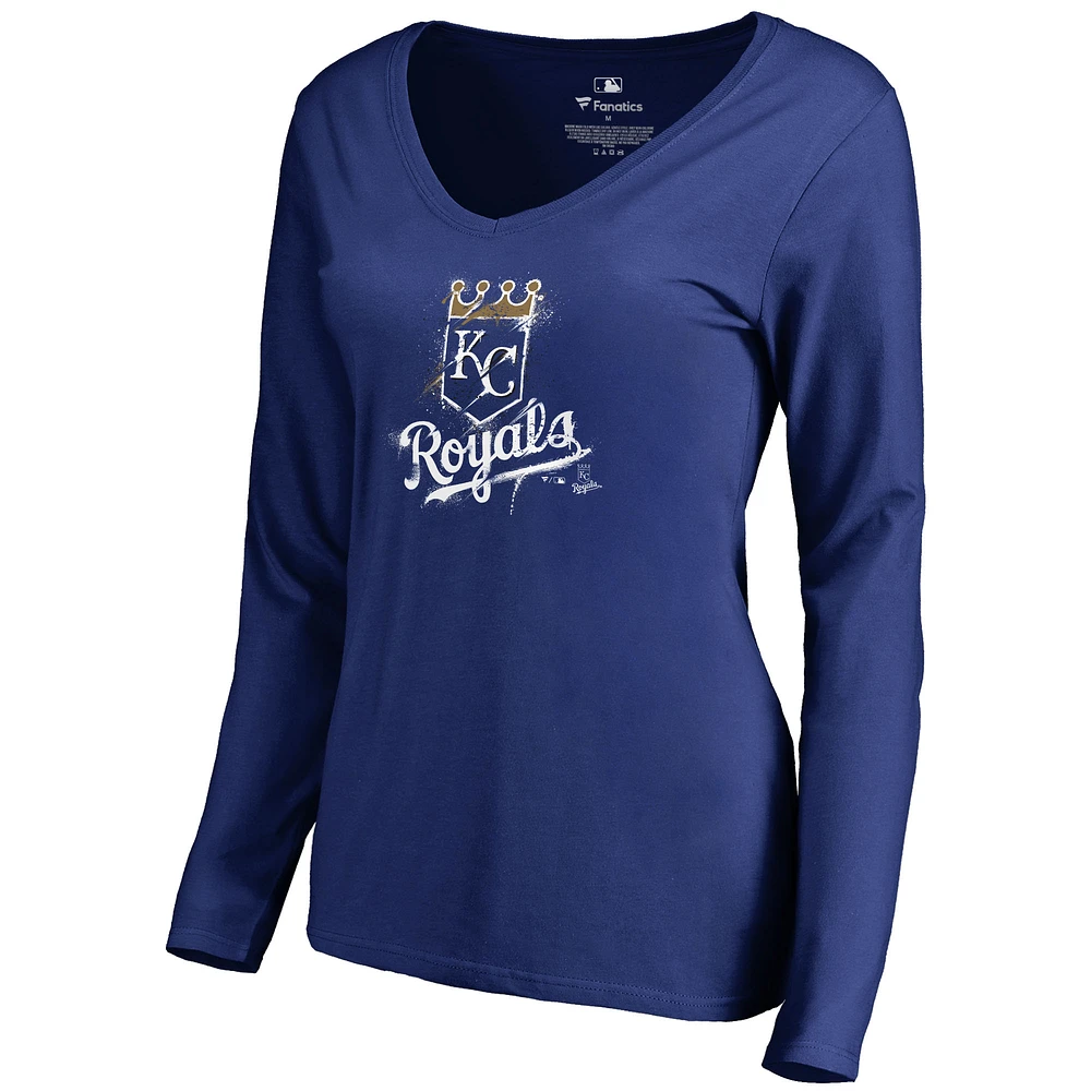 Women's Royal Kansas City Royals Splatter Logo Long Sleeve V-Neck T-Shirt