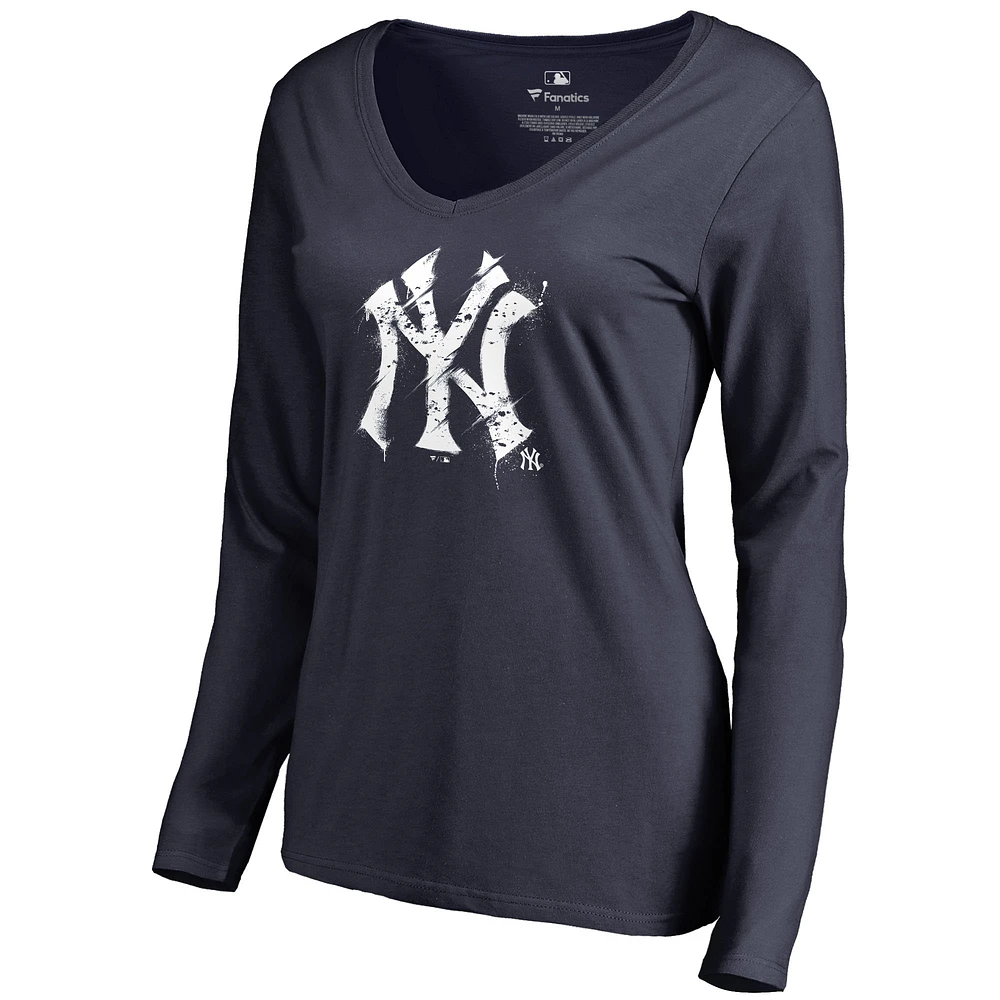 Women's Navy New York Yankees Splatter Logo Long Sleeve V-Neck T-Shirt