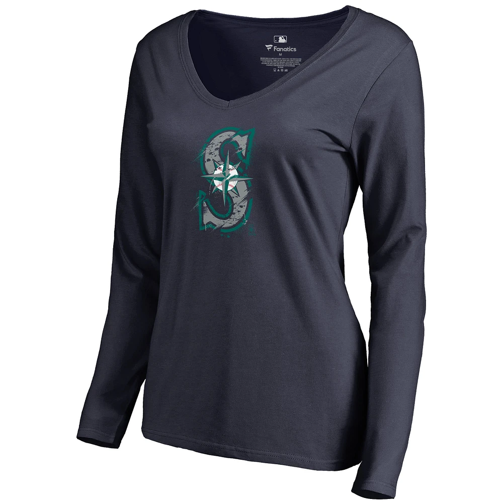 Women's Navy Seattle Mariners Splatter Logo Long Sleeve V-Neck T-Shirt