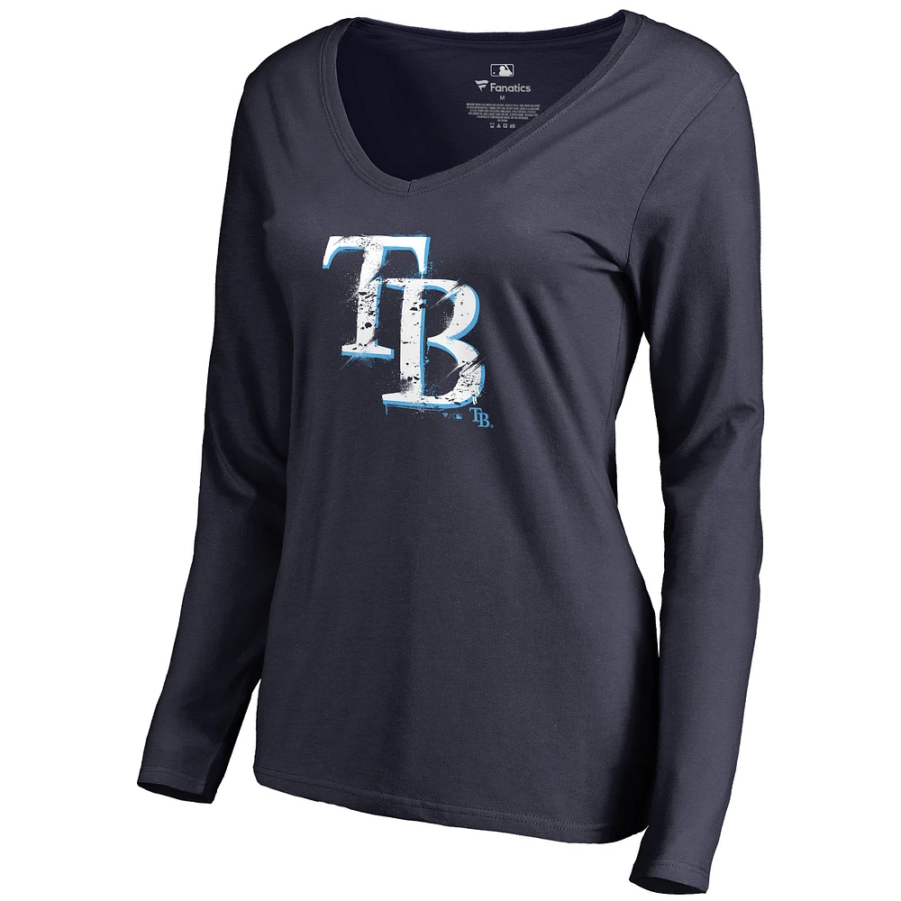Women's Navy Tampa Bay Rays Splatter Logo Long Sleeve V-Neck T-Shirt