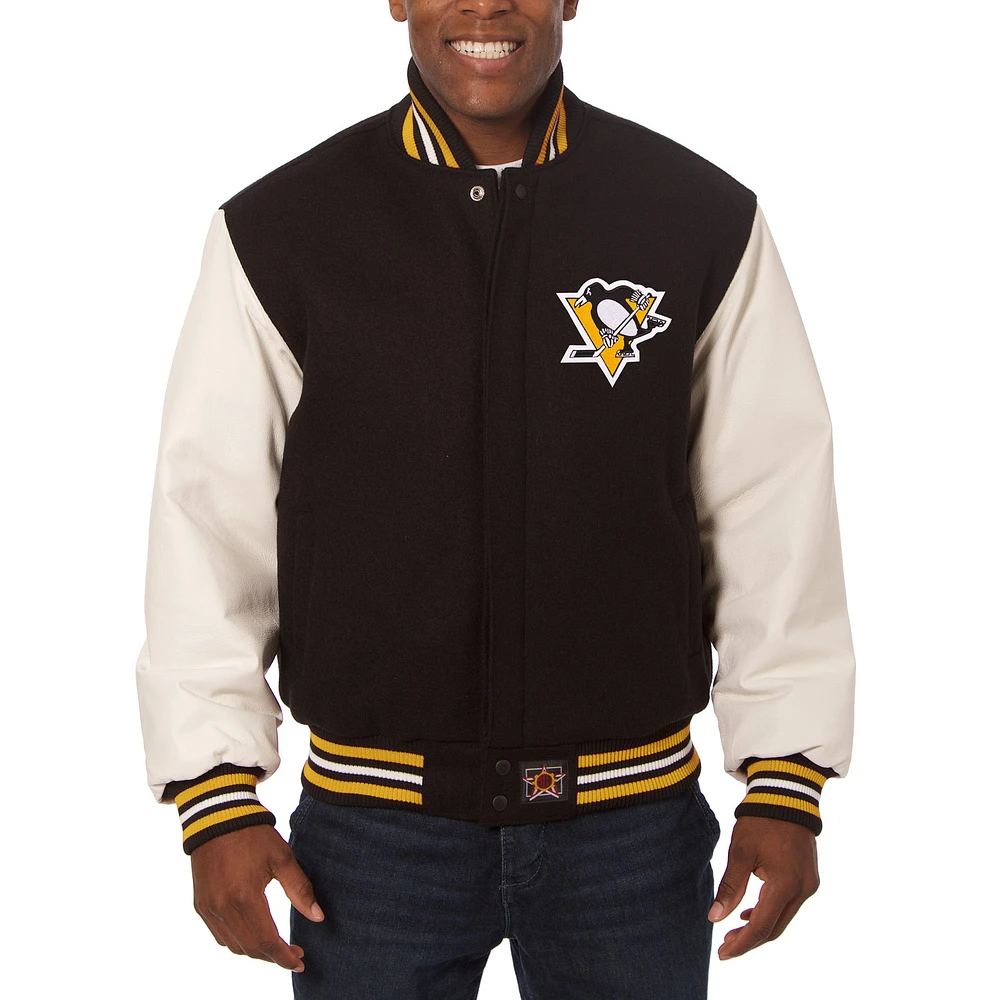 Men's JH Design Black Pittsburgh Penguins Wool & Leather Jacket with Embroidered Logos