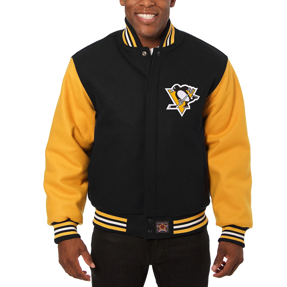 Men's JH Design Black Pittsburgh Penguins Domestic All-Wool Jacket with Embroidered Logos