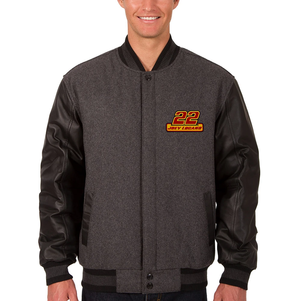 Men's JH Design Charcoal/Black Joey Logano Wool & Leather Varsity Jacket