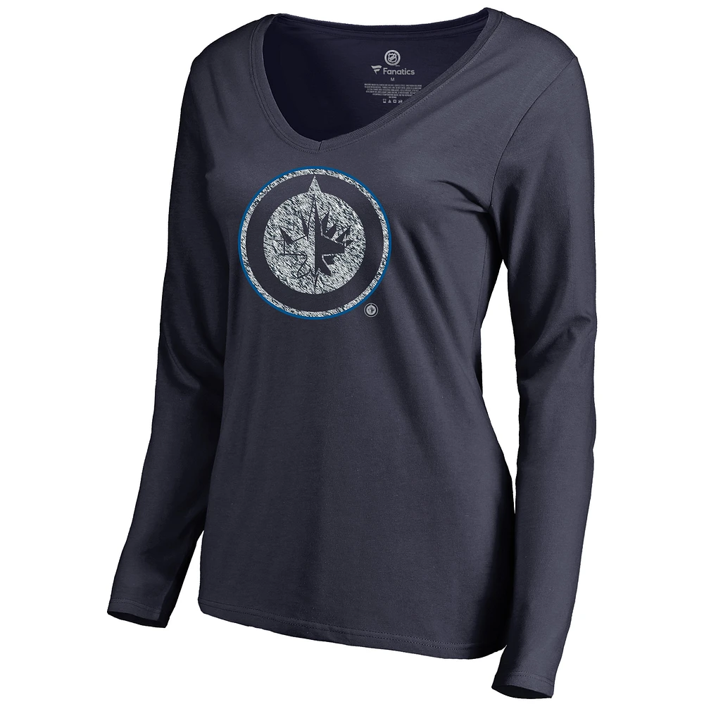 Women's Navy Winnipeg Jets Static Logo Long Sleeve V-Neck T-Shirt