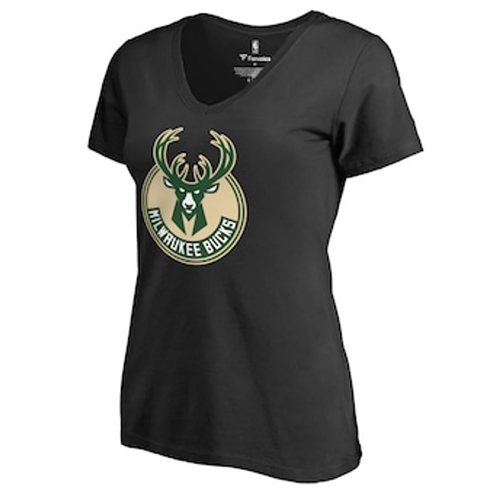 Women's Black Milwaukee Bucks Primary Logo V-Neck T-Shirt