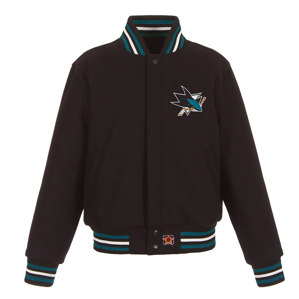 Women's JH Design Black San Jose Sharks Domestic All-Wool Embroidered Full-Zip Jacket