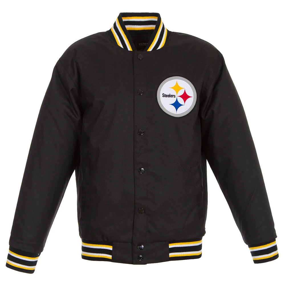 Men's JH Design Black Pittsburgh Steelers Poly Twill Varsity Jacket