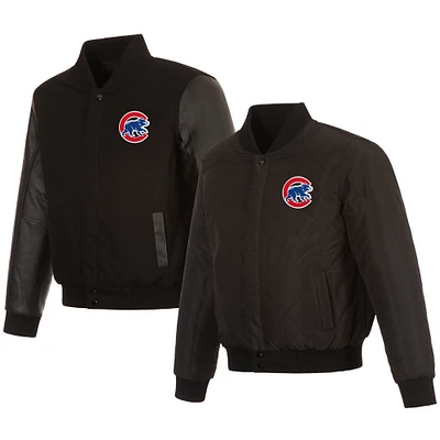 Men's JH Design Black Chicago Cubs Wool & Leather Reversible Jacket