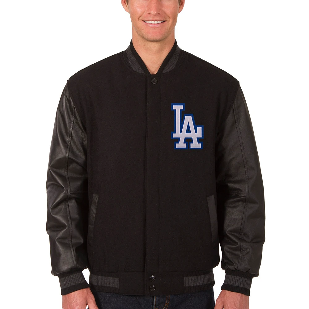 Men's JH Design Black Los Angeles Dodgers Wool & Leather Reversible Jacket