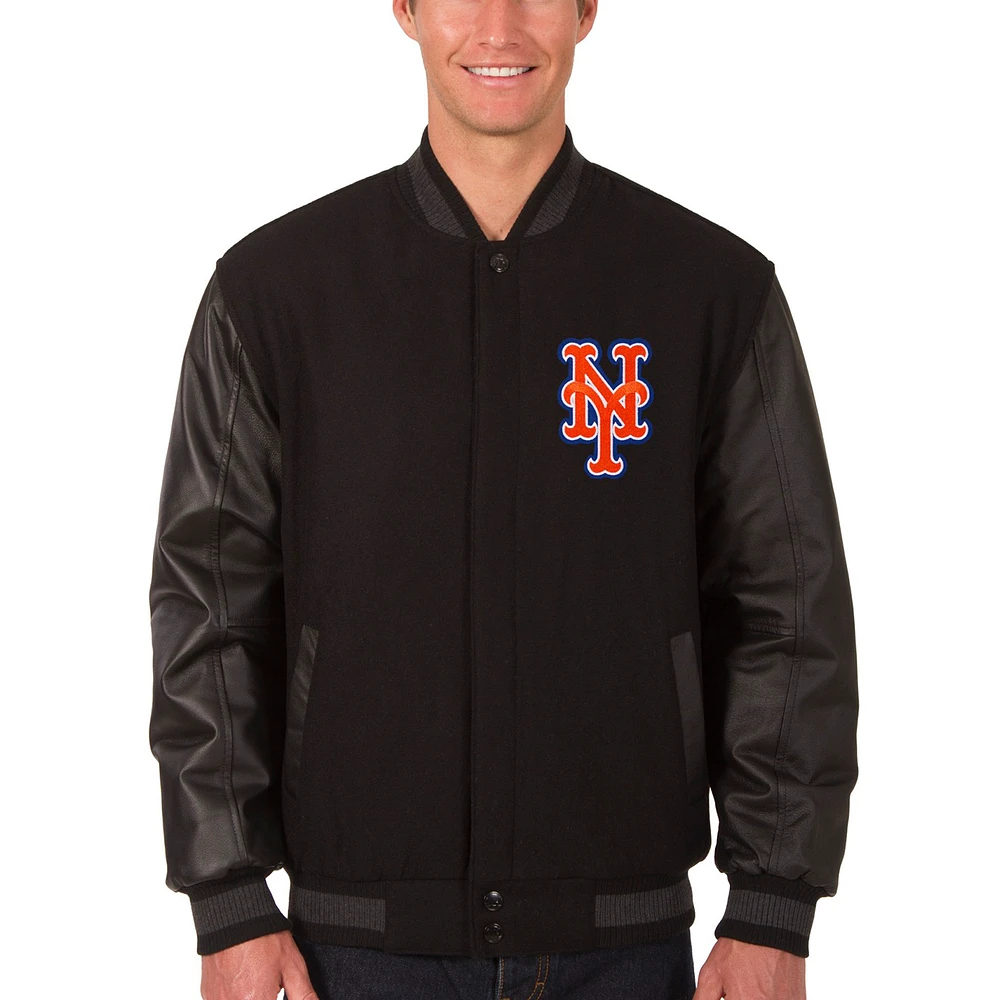 Men's JH Design Black New York Mets Wool & Leather Reversible Jacket