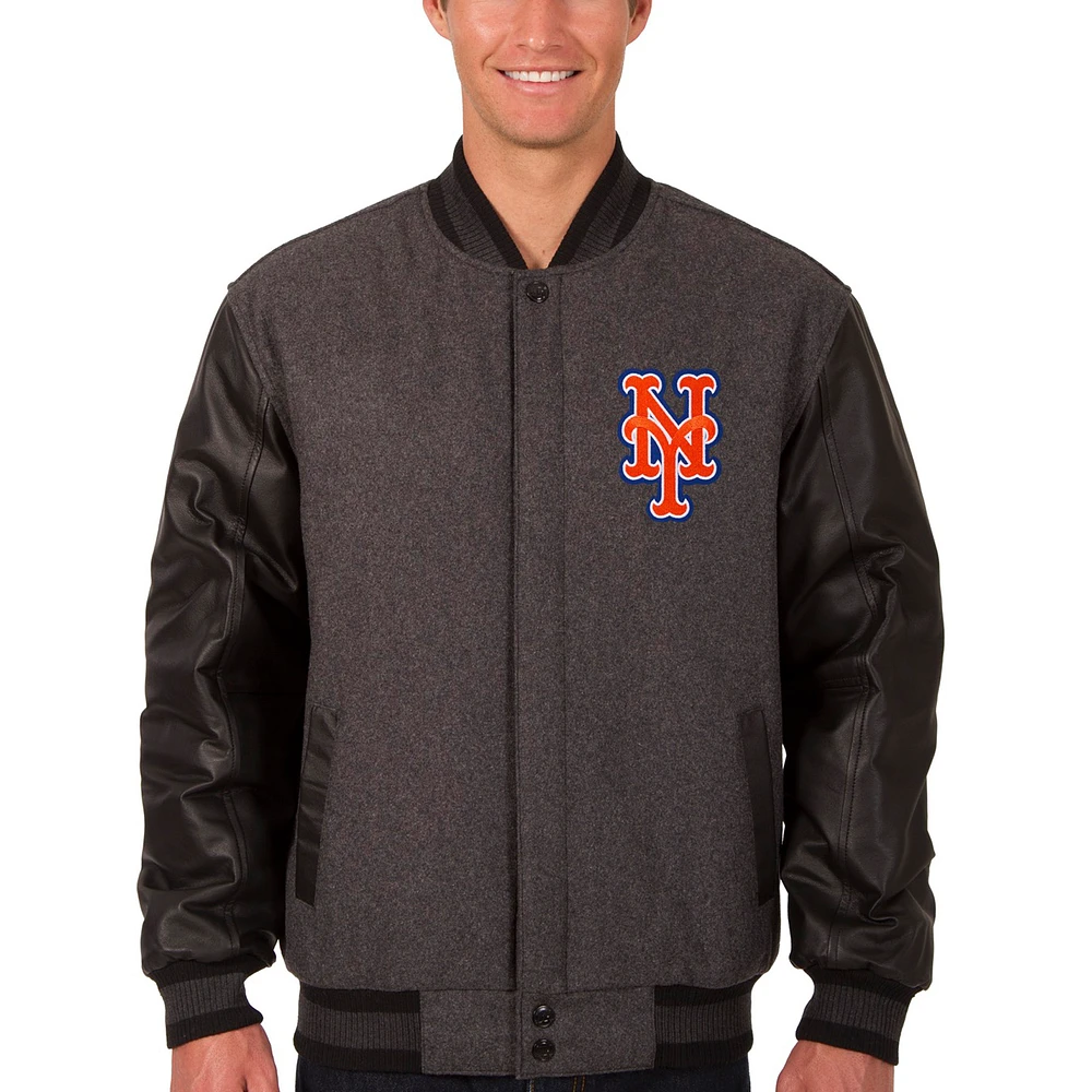 Men's JH Design Charcoal/Black New York Mets Wool & Leather Reversible Jacket