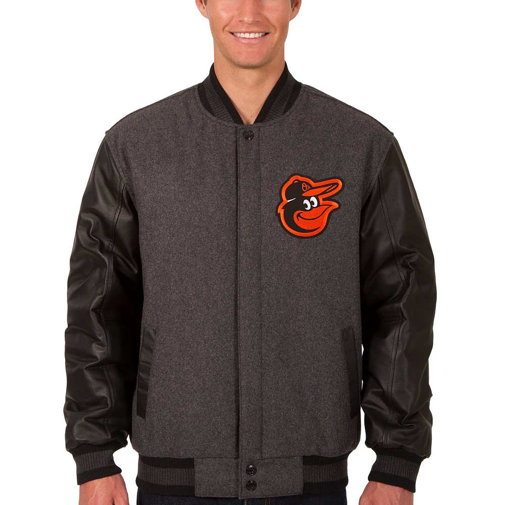Men's JH Design Charcoal/Black Baltimore Orioles Wool & Leather Reversible Jacket