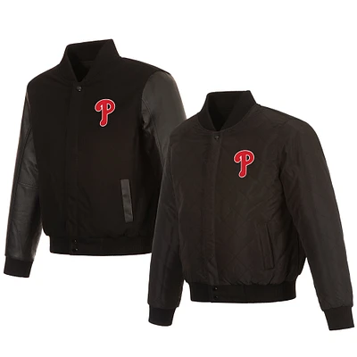 Men's JH Design Black Philadelphia Phillies Wool & Leather Reversible Jacket