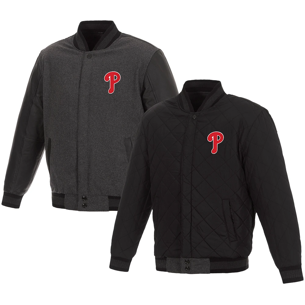 Men's JH Design Charcoal/Black Philadelphia Phillies Wool & Leather Reversible Jacket