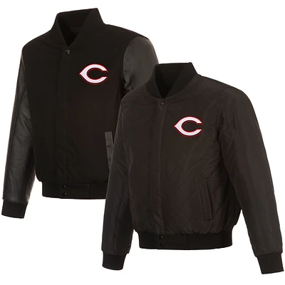 Men's JH Design Black Cincinnati Reds Wool & Leather Reversible Jacket