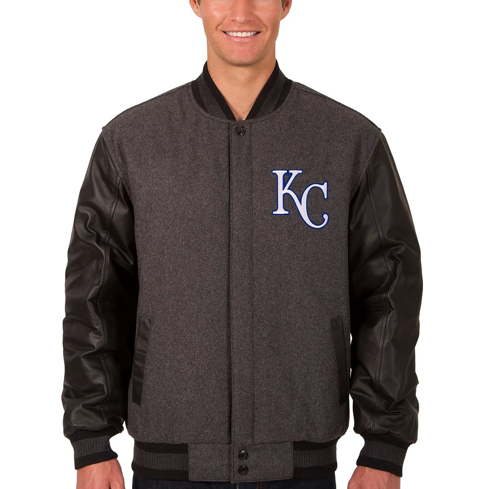 Men's JH Design Charcoal/Black Kansas City Royals Wool & Leather Reversible Jacket