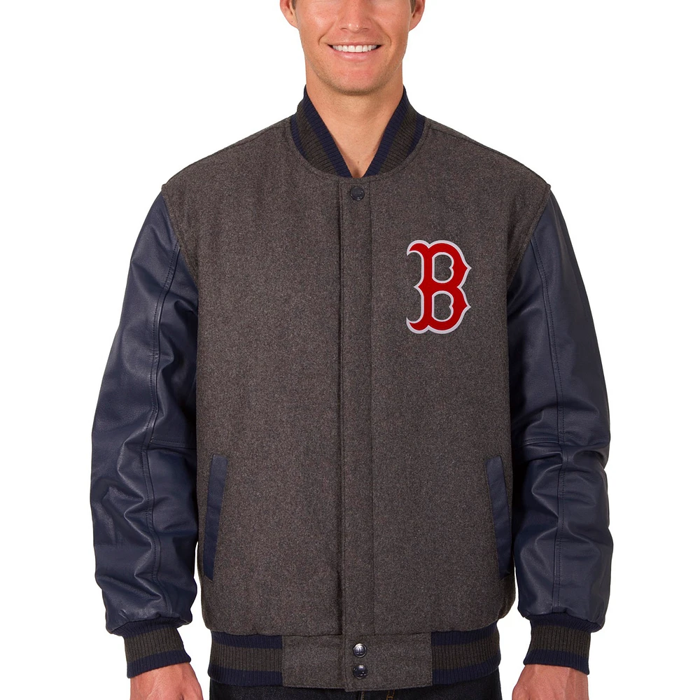 Men's JH Design Charcoal/Navy Boston Red Sox Wool & Leather Reversible Jacket