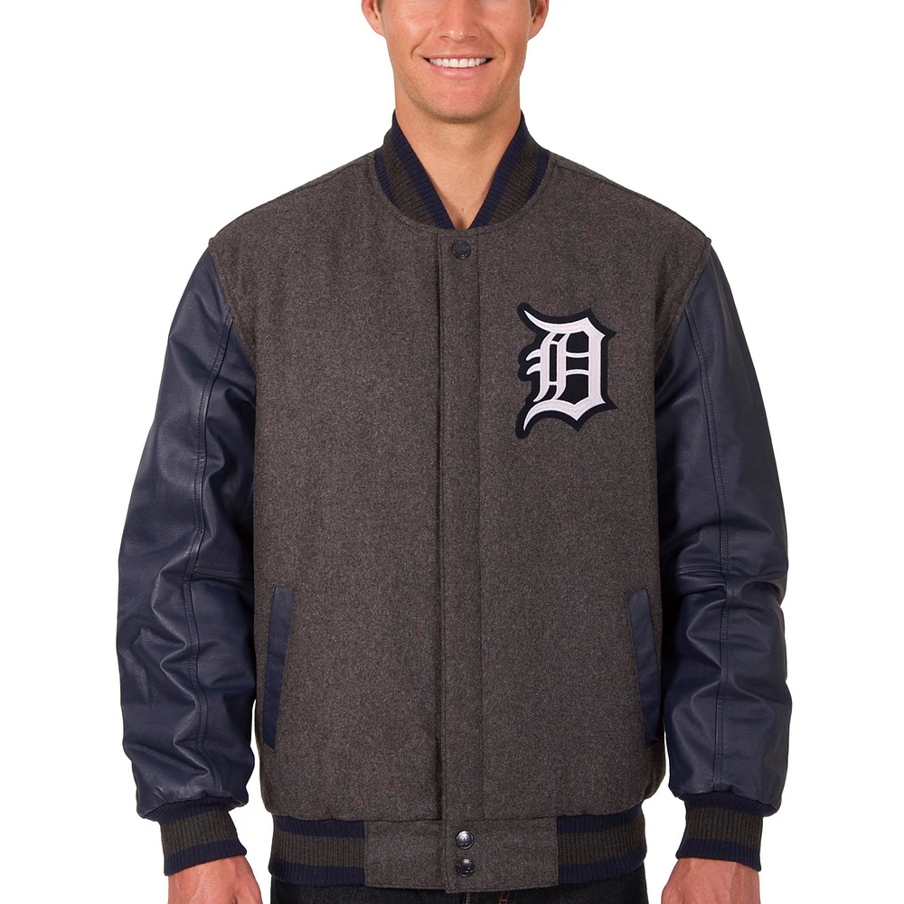 Men's JH Design Charcoal/Navy Detroit Tigers Wool & Leather Reversible Jacket