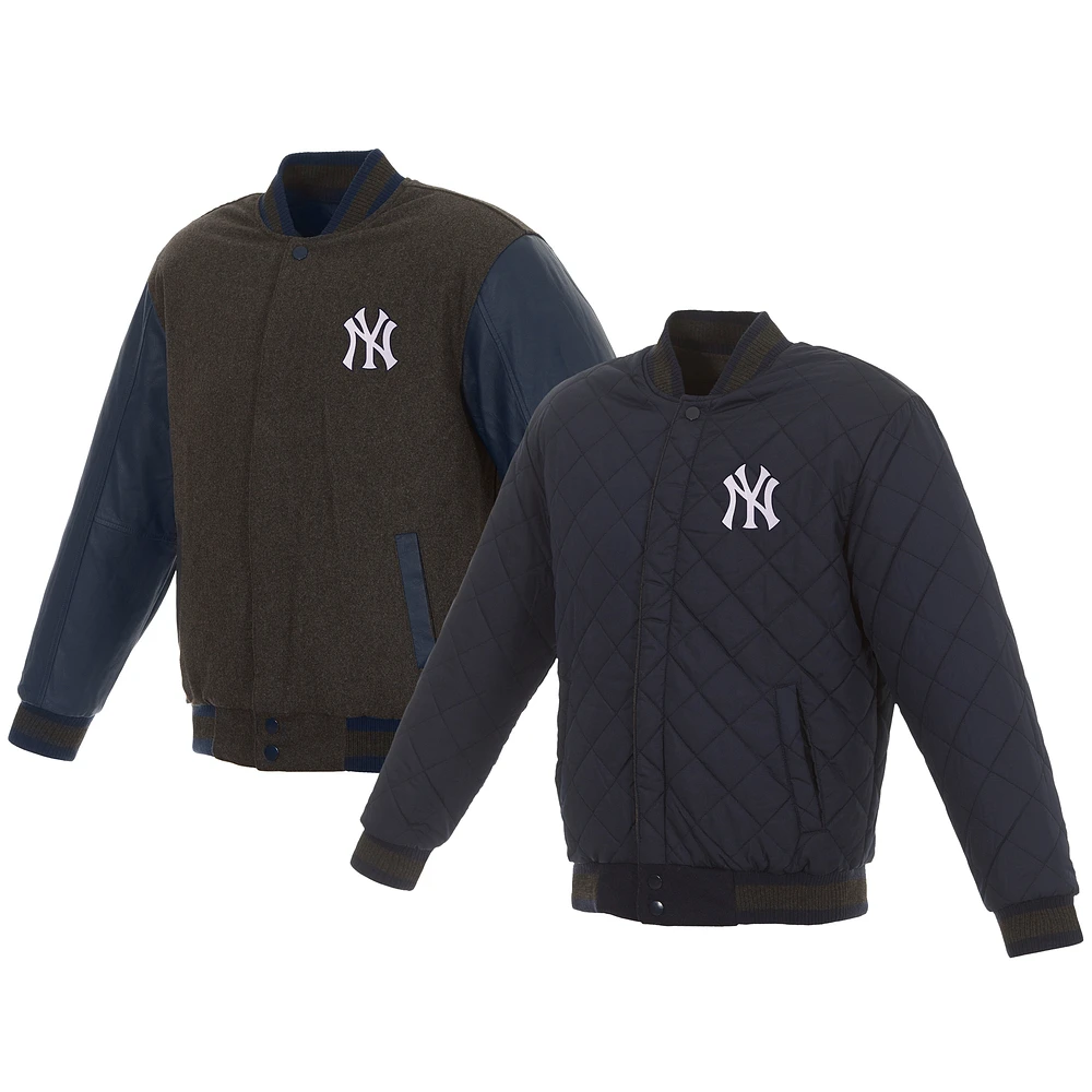 Men's JH Design Charcoal/Navy New York Yankees Wool & Leather Reversible Jacket
