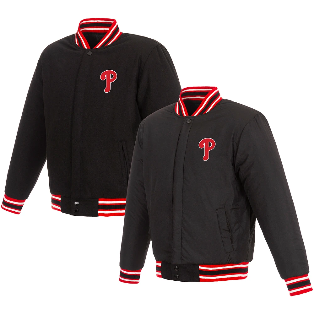 Men's JH Design Black/Red Philadelphia Phillies Wool Reversible Jacket