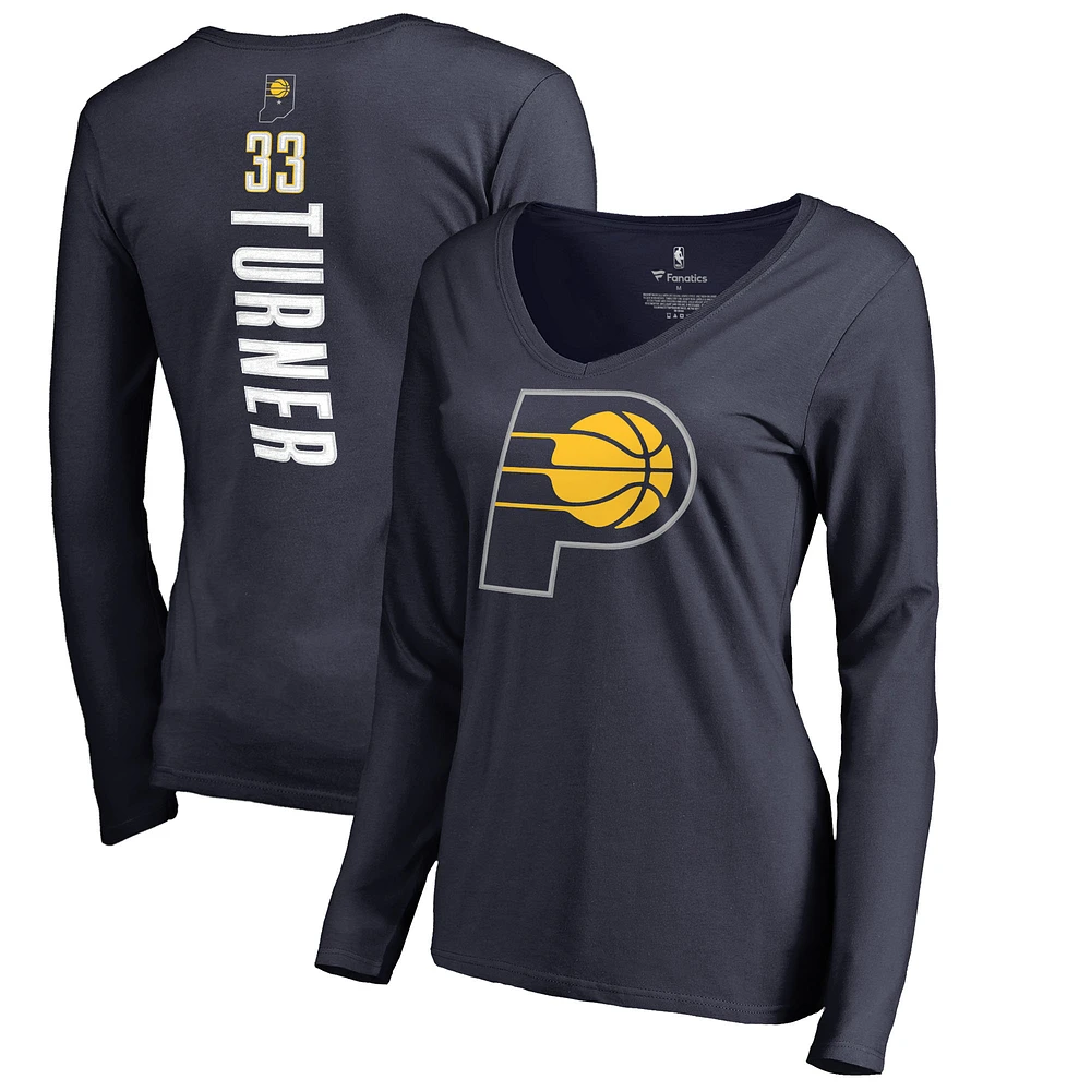 Women's Myles Turner Navy Indiana Pacers Long Sleeve V-Neck Backer Name and Number T-Shirt