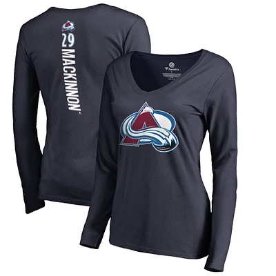 Women's Nathan MacKinnon Navy Colorado Avalanche Backer Name & Number Slim Fit Long Sleeve V-Neck T-Shirt