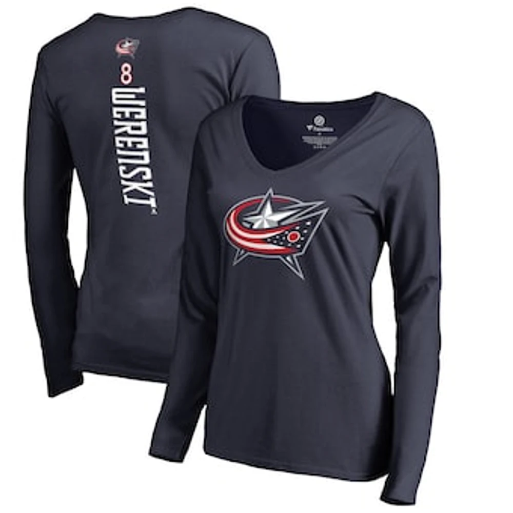 Women's Zach Werenski Navy Columbus Blue Jackets Backer Name & Number Slim Fit Long Sleeve V-Neck T-Shirt