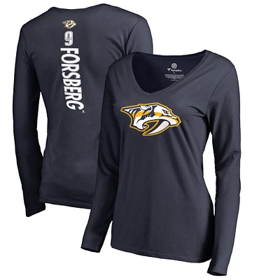 Women's Filip Forsberg Navy Nashville Predators Backer Name & Number Slim Fit Long Sleeve V-Neck T-Shirt
